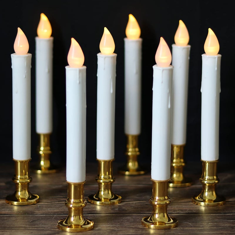 DRomance 9" Flameless Window Taper Candles Battery Operated with 8-Key Remote and Timer, 8 Pack White Christmas Holdiay Window Candles with Gold Holders, Suction Cups and AA Batteries Included - Image 1